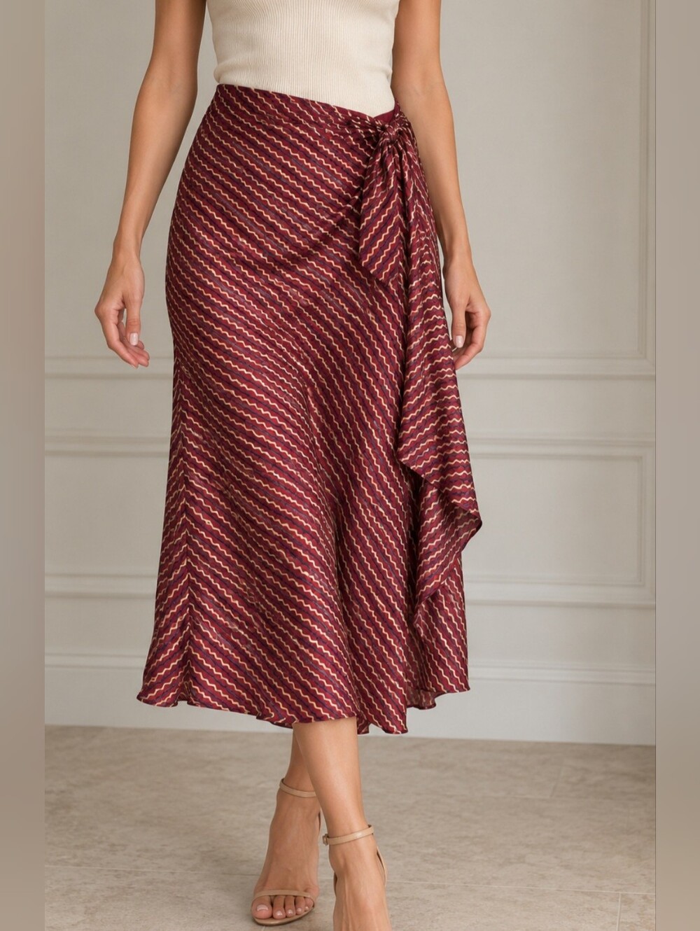Ralph Lauren Red and Black Patterned Silk Midi Skirt